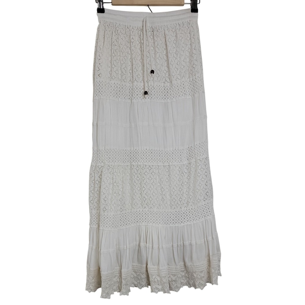Magic Womens Small White Lace Maxi Skirt Elastic Waist Tiered Boho Cottagecore